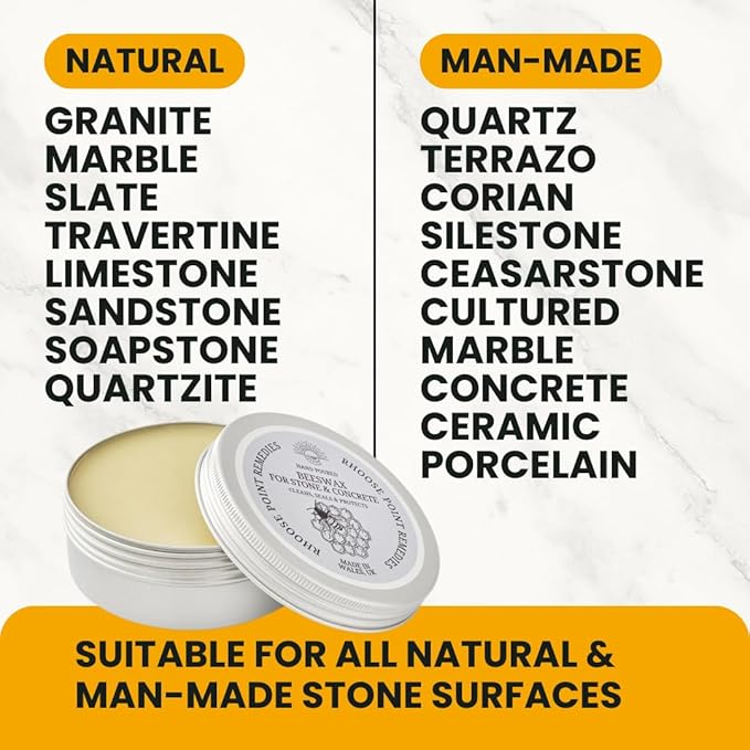 Rhoose Point Remedies Beeswax Polish for Stone & Concrete 7.0 Fl Oz – Cleans, Seals & Protects Natural & Man-Made Surfaces inc. Marble, Quartz, Granite, Slate, Ceramic.
