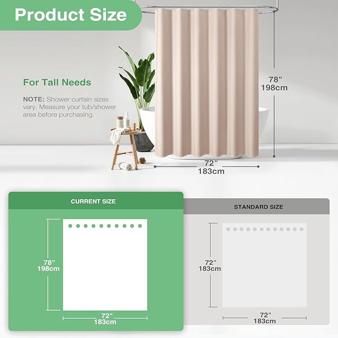 Dynamene Long Fabric Shower Curtain - 78 inch Long Waffle Weave Weighted Cloth Shower Curtains for Bathroom, Neutral Heavy Duty Hotel Spa Luxury Bath Curtain Set with 12 Hooks, 72x78, Blush Pink