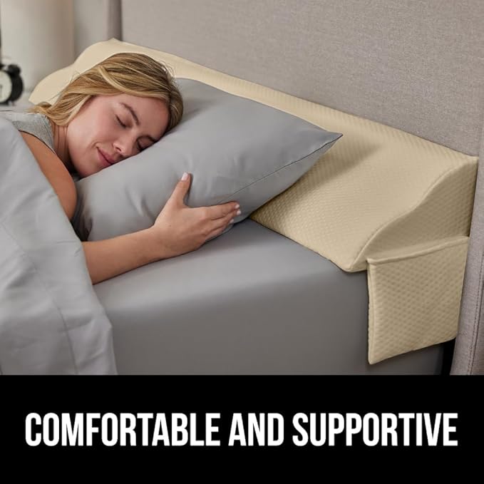 Gorilla Grip Headboard Gap Pillow and Bed Sheet Straps, Headboard Gap Pillow Size Twin Cream, Dense Foam Wedge, Sheet Fasteners 4 Pack White, Adjustable Elastic with Metal Clips, 2 Item Bundle