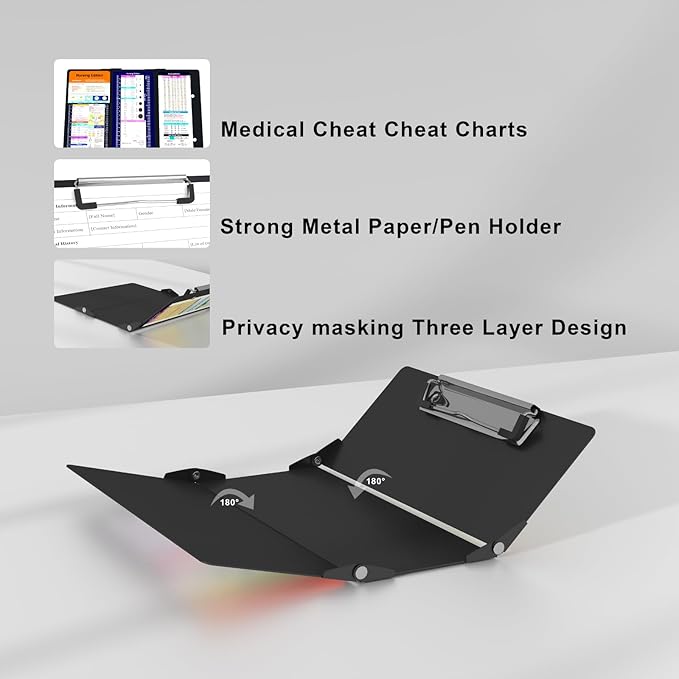 Nursing Clipboard Foldable Pocket Size-Nursing Edition Cheat Sheets Aluminum 3 Layers Foldable Clipboard Nursing Nurse Clipboard Foldable fits in Nurses Doctors(Black)