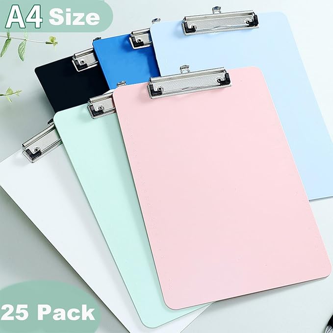 25 Pack Plastic Clipboards, A4 Clip Board 12.5 x 9 Inch Letter Size for Classroom, Nurses, Students, Woman, Assorted Color Clipboard with Low Profile Clip & Hanging Hole, Bulk Office & School Supply