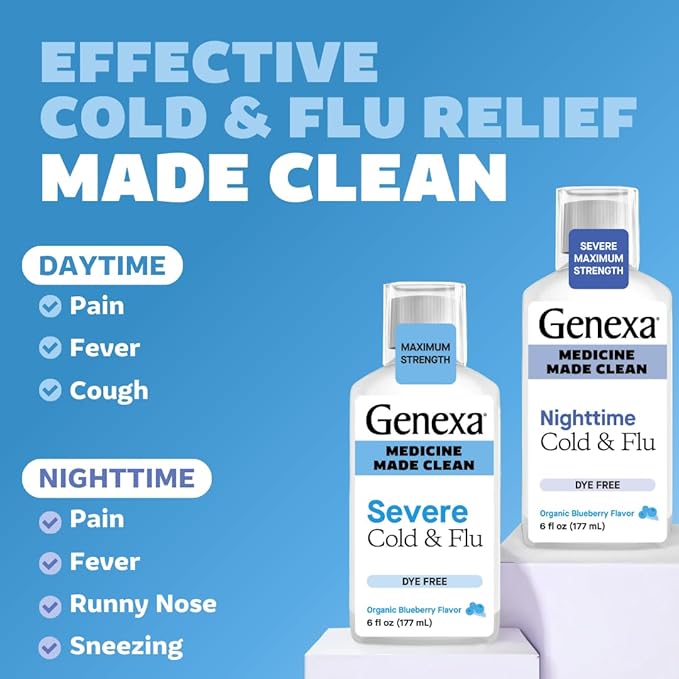 Genexa Clean Day + Night Cold & Flu Relief, Max Strength, Dye Free, 0% Artificial Additives, Acetaminophen Fever Reducer, Cough Suppressant, Antihistamine, Organic Blueberry Flavor, 12 fl oz (2 Pack)