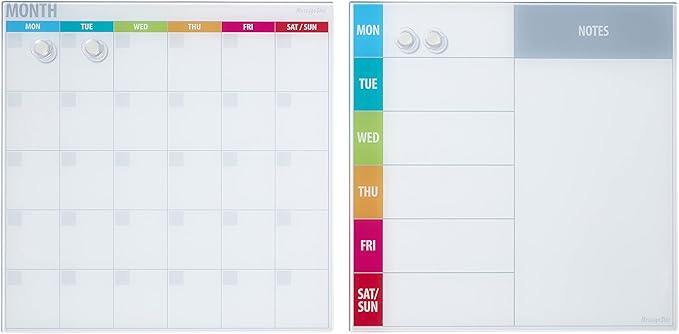 ECR4Kids MessageStor Magnetic Dry-Erase Glass Board with Magnets, 17.5in x 17.5in, Wall-Mounted Whiteboard, Assorted Calendar, 2-Pack