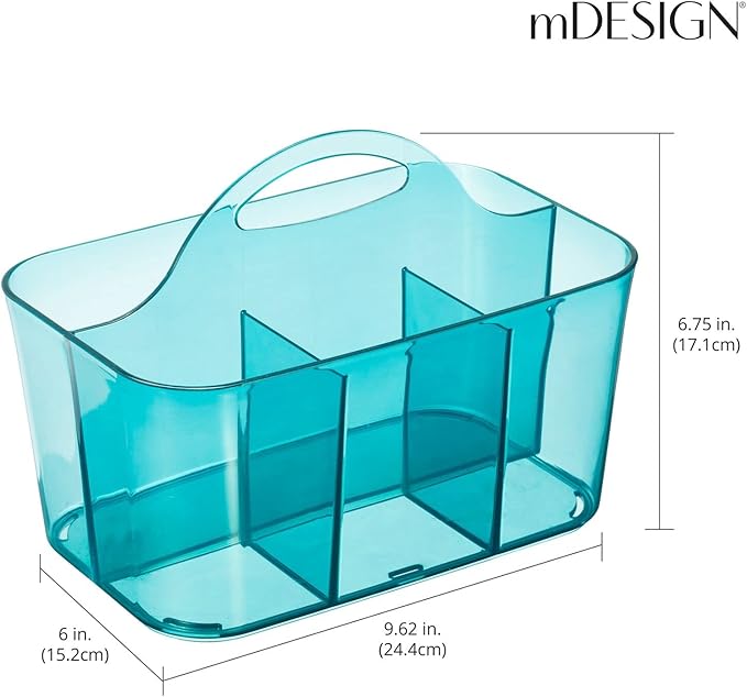 mDesign Plastic Portable Craft Storage Organizer Caddy Tote, Divided Basket Bin w/Handle - Craft, Sewing, Art Supplies - Holds Brushes, Colored Pencils - Lumiere Collection - Dark Aqua Blue Tint