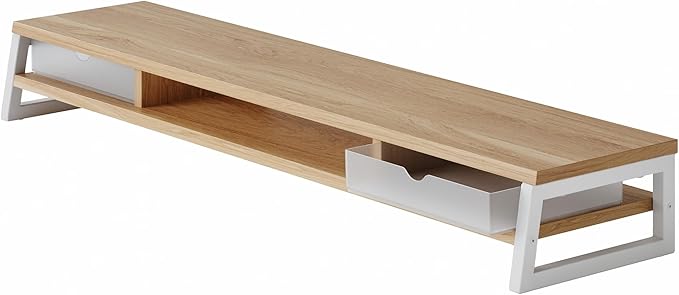 Fenge Dual Monitor Stand, Monitor Riser with Drawer, 42.5 Inch Large Computer Monitor Stand for 2 Monitors, 2 Tier Wooden Desk Shelf for Top of Desk