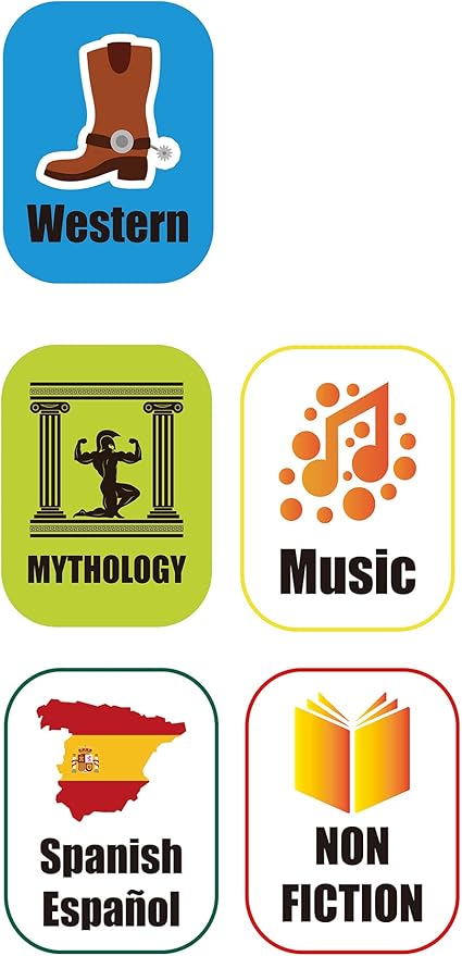 Genre Book Spine Labels for Library | Classroom Library Classification Stickers 450pcs | Nonfiction,Western,Mythology,Spanish,Music