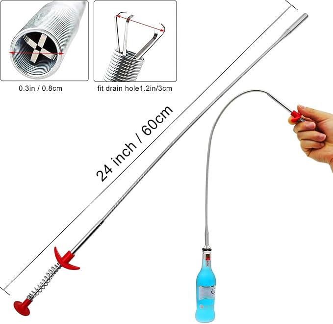 Flexible Grabber Claw Pick Up Reacher Tool with 4 Claws, Drain Snake Hair Clog Remover Tool, Bendable Hose Pickup Reaching Assist Tool for Litter Pick, Toilet, Sewer, Shower, Kitchen Sink (24 Inch)