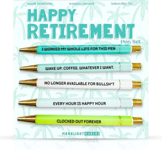 Moonlight Makers Funny Pens and Notepad Stationery Set - Set of 5 Happy Retirement Engraved Ballpoint Pens with Black Ink, To Do Or Not To Do Notepad, Cute Desk Supplies & Funny Work Gifts for Women