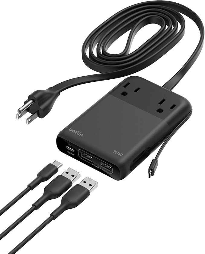 Belkin Travel Power Strip 70W, 6-in-1 GaN Charging Station USB C Charger w/ 2 AC Outlets, 2 USB A Ports, Integrated USB C Cable - Power Strip for iPhone, Apple Watch, iPad, MacBook, Chromebook, Laptop