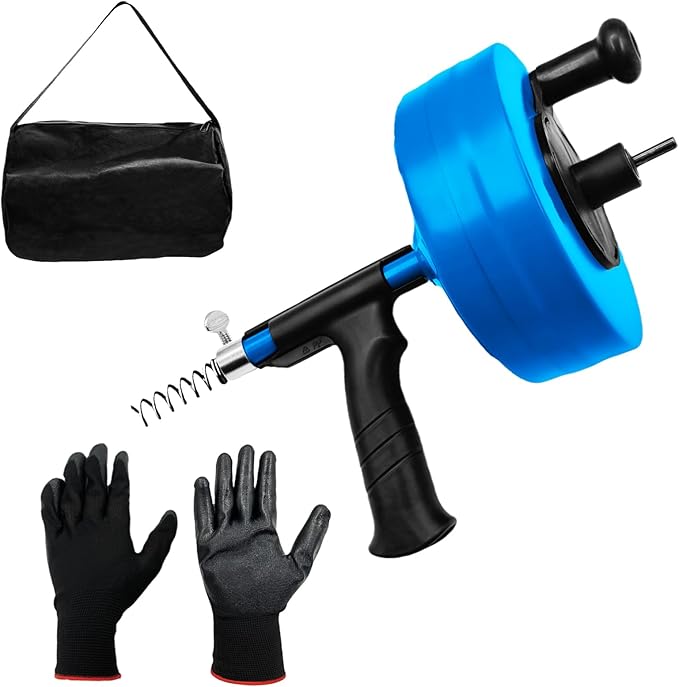 50 Ft Drain Snake, Plumbing Snake with Drill Attachment, Manual & Drill-Powered Drain Auger for Shower, Sink, Bathroom and Kitchen, with Gloves and Storage Bag