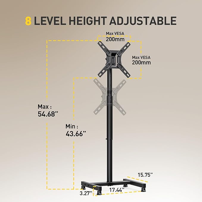 AM alphamount TV Floor Stand for 13-43 inch Flat/Curved TVs up to 44 lbs, 8 Level Height Adjustable Monitor Floor TV Stand with VESA 200x200, Portable TV Mount Stand for Living Room, Bedroom, Office