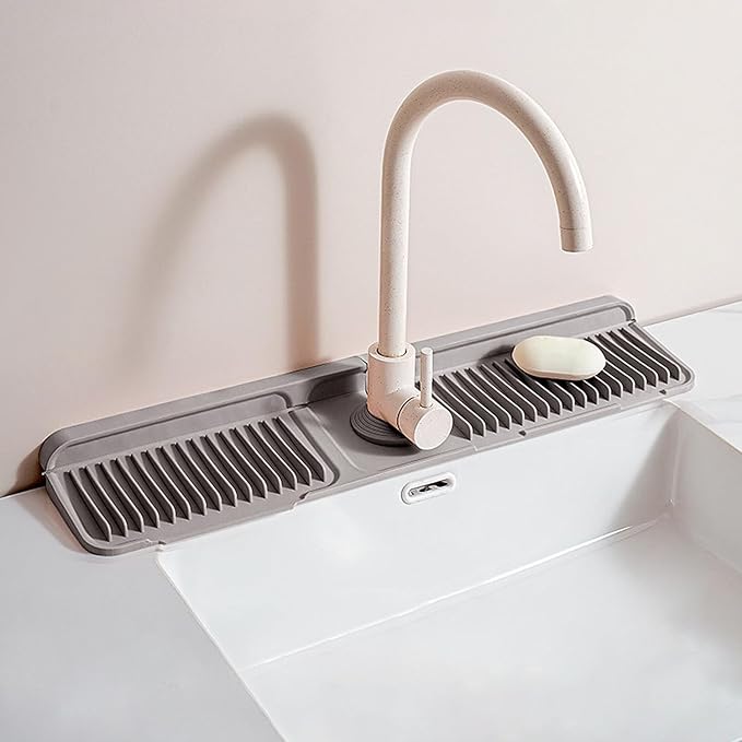 Longer Silicone Faucet Mat for Kitchen Sink – Button Style Faucet Drip Catcher & Leak-Proof Sink Splash Guard with 6° Slope, Behind Faucet Draining Mat,Gadgets for Bathroom (dark gray, large)