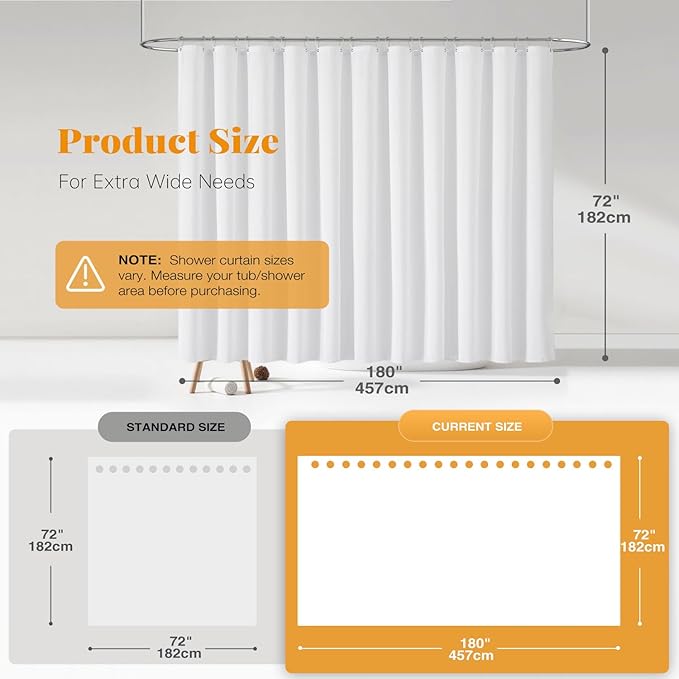 BTTN Fabric Shower Curtain, Linen Textured Heavy Duty Polyester Cloth Shower Curtain Set with Plastic Hooks, White, 180" W x 72" L (Pack of 1)