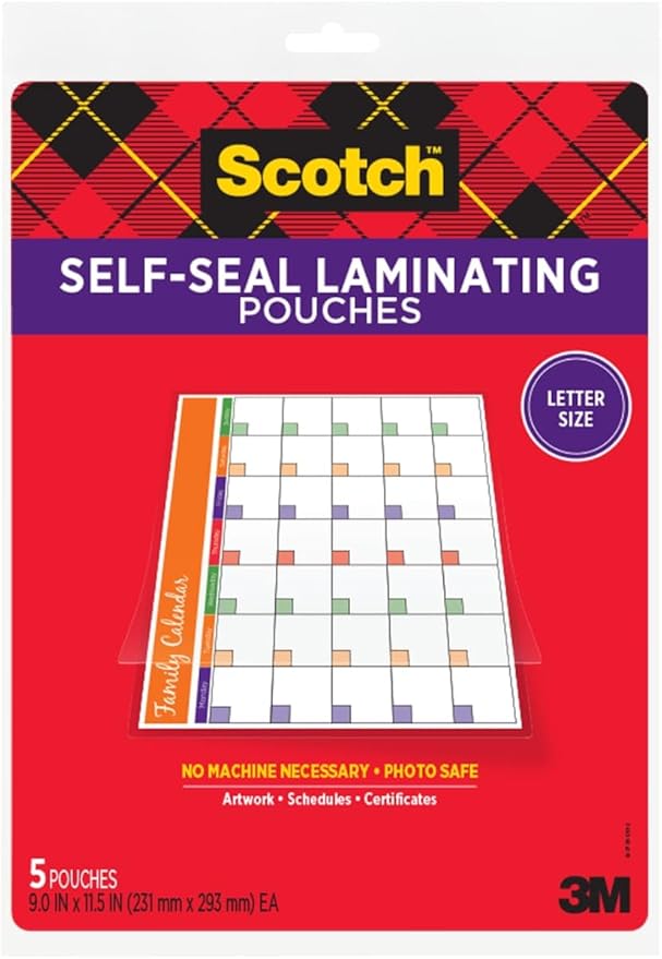 Scotch Self-Sealing Laminating Sheets, Gloss Finish, 9 in x 11.5 in, Easy to Use and No Laminator Needed, 5/Pack
