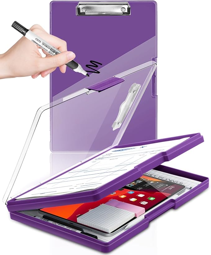 Clearview Clipboard with 2 Storage, Dry Erase 8.5x11 Heavy Duty ClipBoards - High Capacity Coaches Clip Board with Pen Holder - Side Opening Plastic Nursing Clip Case (Dark Purple)