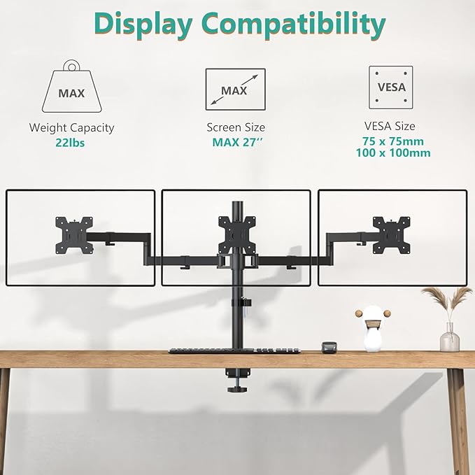 WALI Triple Monitor Mount, 3 Monitor Desk Mount for 13-27 inch Computer Screens, Holds up to 22 lbs, Triple Monitors Stand for Desk, with Tilt, Swivel, Rotation, VESA 75/100mm (M003S), Black