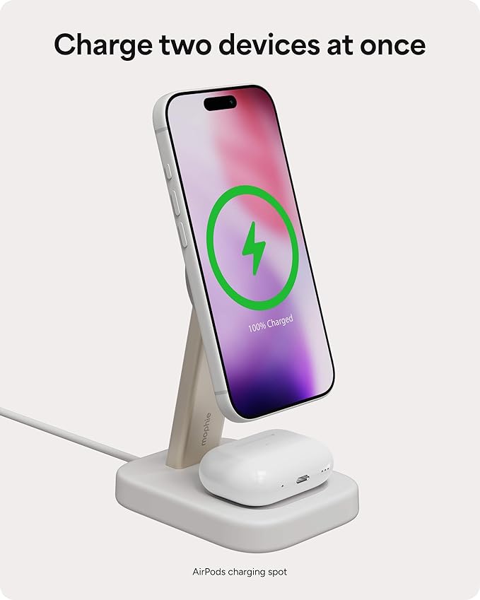 Mophie 2-in-1 Wireless Charging Stand - Qi2-Certified, MagSafe Charger for iPhone & AirPods – Fast Charging Station with Adjustable Phone Stand & Cable Management – Up to 15W Power