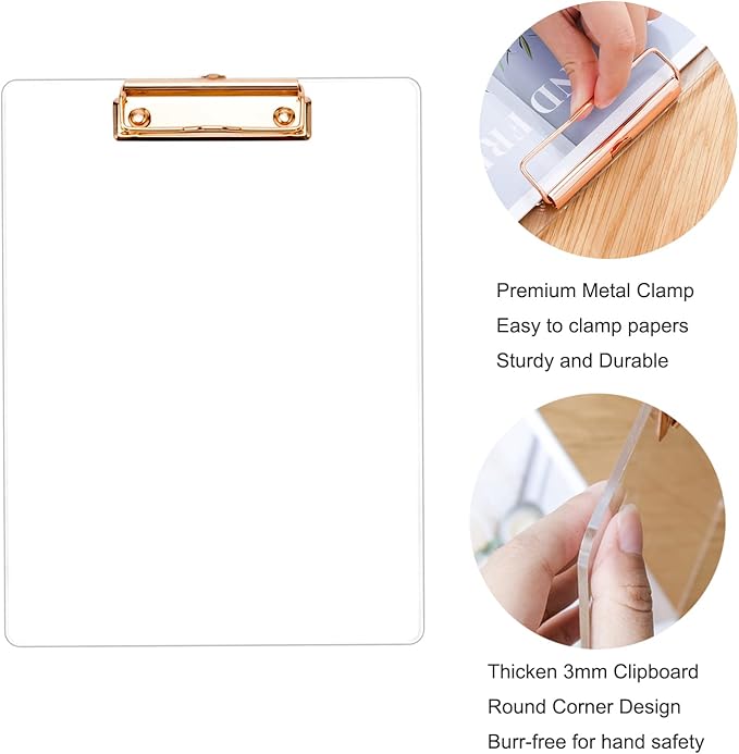 3mm Thick Acrylic Clipboards with Gold Clip 3-Pack, Durable Stylish Clipboards with Low Profile Clip Suit for A4 Paper