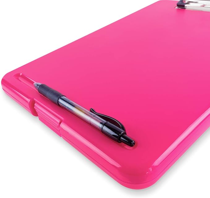 Clipboard with Storage Slim Folding for Nursing, Teachers, Coaches & Office, Plastic Heavy Duty with Pen Holder (9.5” x 13.5”) (Pink)