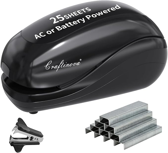 Electric Stapler,Including 2000 Staples and 1 Staple Remover, Suitable for Palm Size and high Comfort，25 Sheet Capacity, AC Adapter or Battery Powered，Battery not Included，(Black)…