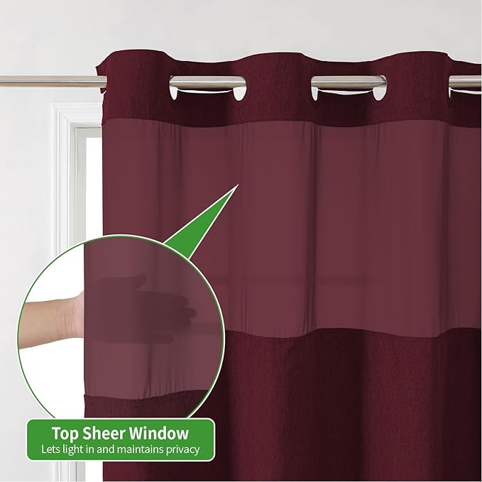 No Hooks Needed Linen Textured Shower Curtain with Snap-in Fabric Liner Set,Hotel Luxury Decor Shower Curtains for Bathroom with Mesh Top Window,Waterproof & Washable,71Wx74H,Burgundy