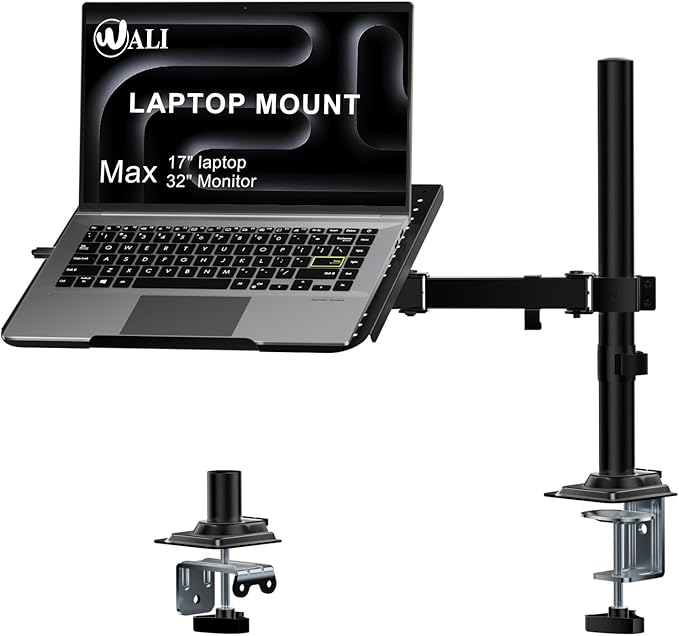 WALI Laptop Tray Desk Mount for 17inch Notebook, Fully Adjustable Laptop Arm up to 22lbs, Monitor Mount with Vented Cooling Platform Stand (M00LP), Black