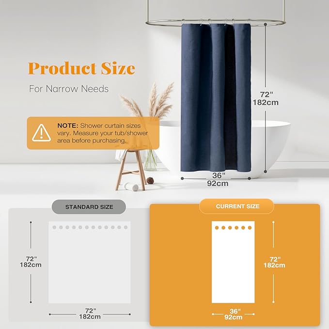 BTTN Stall Fabric Shower Curtain - 36x72 Inch Narrow Linen Textured Heavy Duty Shower Curtain Set with 6 Plastic Hooks, Hotel Spa Luxury Half Waterproof Neutral Bath Curtains for Bathroom - Navy Blue