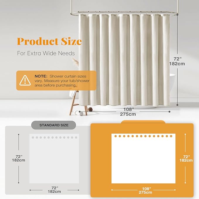 BTTN Extra Wide Shower Curtain - 108x72 Inch Linen Textured Waterproof Fabric Shower Curtain Set with 18 Plastic Hooks, Large Modern Decorative Shower Curtains for Bathroom and Bathtub - Light Cream