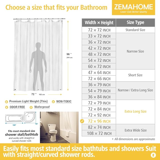 Extra Long Clear Plastic Shower Curtain Liner - Lightweight 72" x 96" Transparent Bathroom Shower Showroom Curtain Liner with Rustproof Metal Gromments and Weighted Magnet