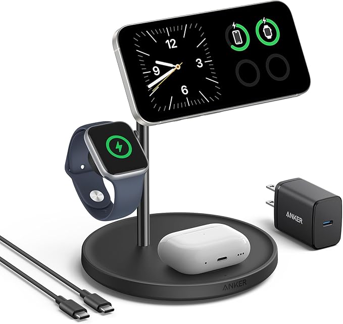 Anker MagSafe Charger Stand Compatible, iPhone 17 MagGo 3 in 1 Wireless Charging Station,Qi2 Certified 15W Wireless Charger, Desk Accessory, for iPhone 16/15/14/13 Series Apple Watch, AirPods