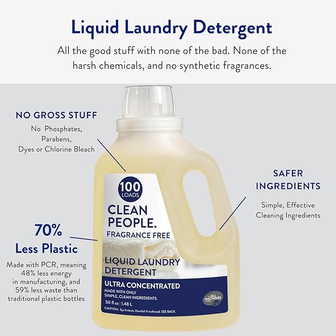 The Clean People Liquid Laundry Detergent - Recyclable Packaging, Stain Fighting - Ultra Concentrated, Laundry Soap - Fragrance Free, 200 Loads