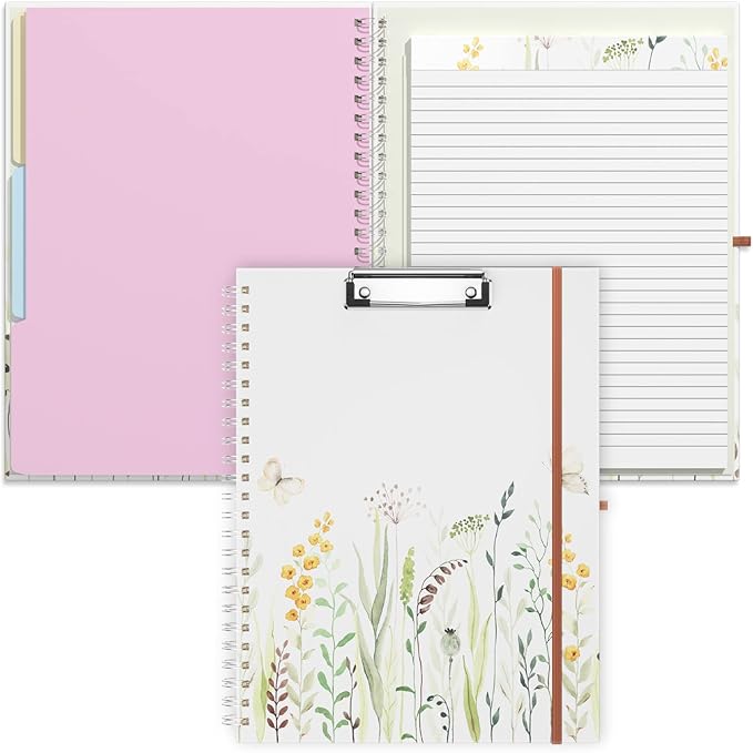 Rimilak Spiral Clipboard Folio with Refillable Lined Notepad, 14.5 x 9.8 In, Hardcover Cover with 5 Interior Pockets, Elastic Band and Pen Loop Series. Cute Stylish Clipfolio, Butterfly Flower