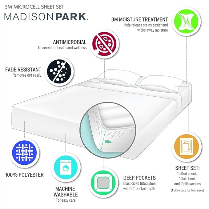 Madison Park 3M Microcell Color Fast, Wrinkle and Stain Resistant, Soft Sheets with 16" Deep Pocket All Season, Cozy Bedding-Set, Matching Pillow Case, Twin XL, Seafoam (MP20-2444)