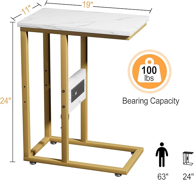 VECELO C Shaped End Table with Charging Station & Power Outlets, Quick Access Side Table for Sofa, C Bedside for Living Room Bedroom 1 Set,Gold