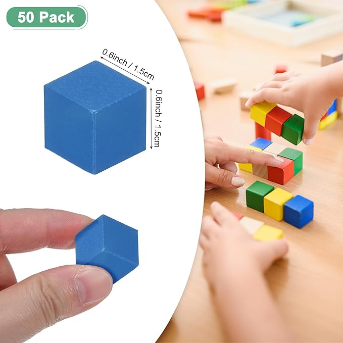 50-Pack DIY Wooden Cube, 0.6 Inch(1.5 Cm) Colored Natural Wood Blocks for Crafts Making Puzzle Games/Wedding/Home Decor/Dice/Building, Square Blank Block [Blue]
