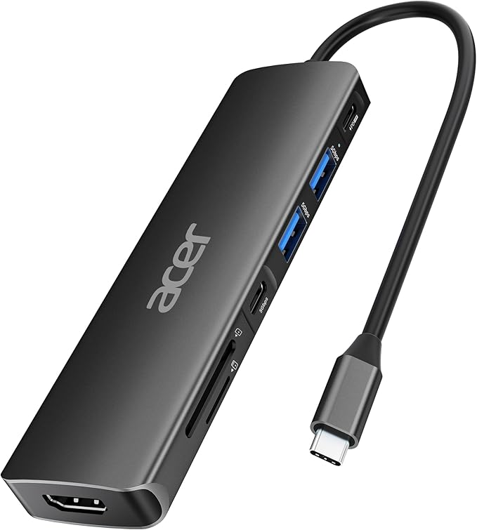 Acer USB C Hub, 7 in 1 USB-C to HDMI Dock, 2 USBA 3.1 GEN1 and 5Gbps Type-C Data Port, 4K HDMI Port, PD 100W Charging, SD Card Reader, for iPad Pro MacBook Pro Laptops and More (Black)