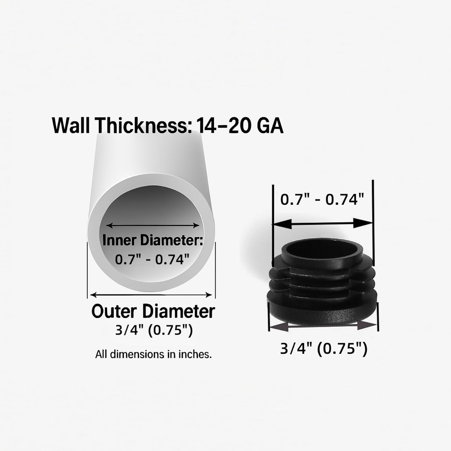 Plastic Plugs Tubing End Caps Chair End Caps Furnigear 3/4" Outside Bottom Round Tubing Caps Black Furniture Sliders Glides (Fit 0.7-074" Tube Inner Diameter, 40pack)