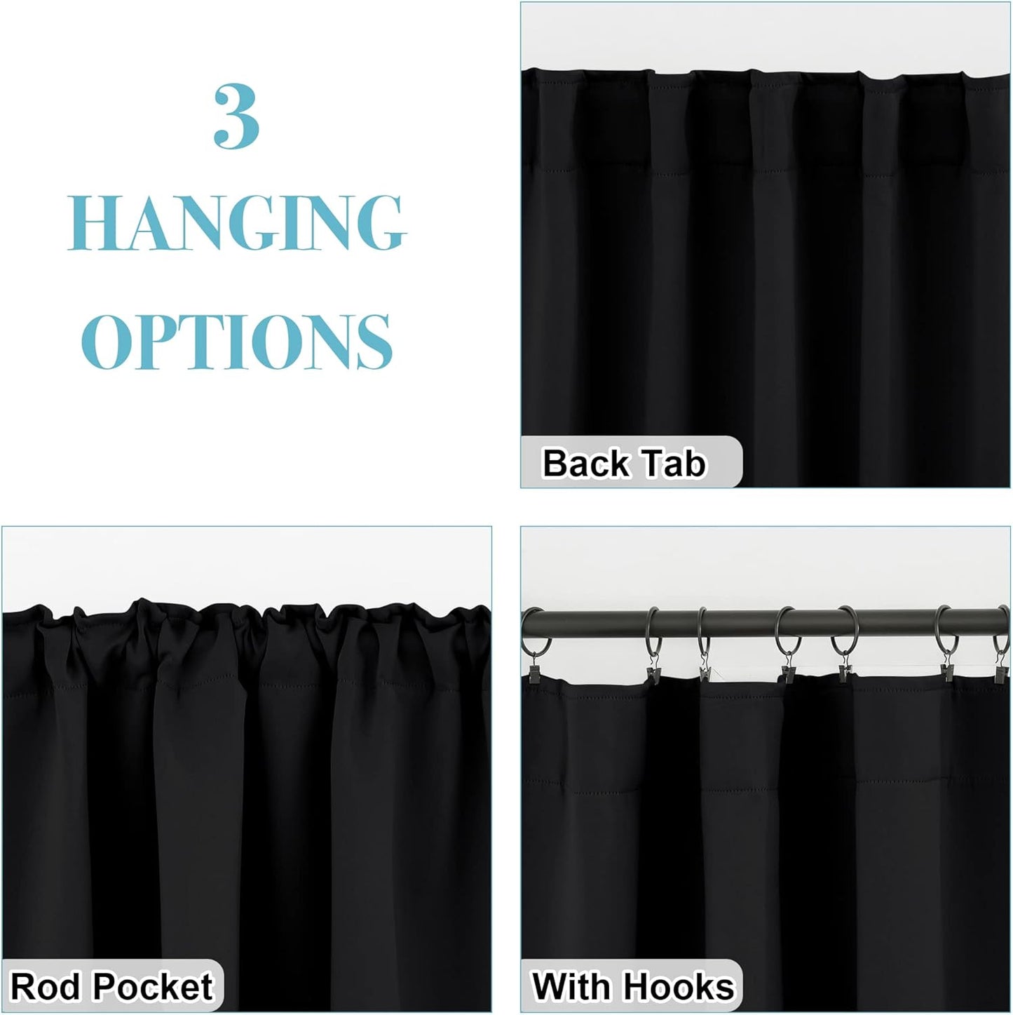 RYB HOME Short Black Curtains for Bedroom, Blackout Thermal Insulated Curtain Tiers Small Window Treatment Privacy Shades for Kitchen Farmhouse Closet, W42 x L36 inch, 2 Panels