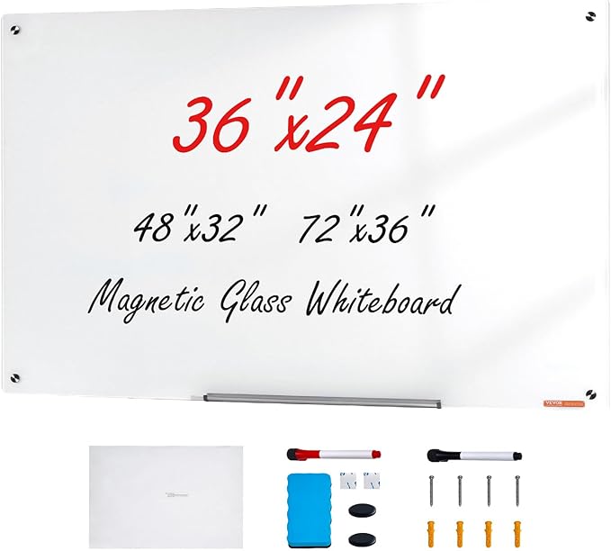 VEVOR Magnetic Glass Writing Board, Erasable 36"x24" Surface, Frameless Design for Wall, Includes Marker Holder, a Cleaning Tool, and 2 Writing Pens, White