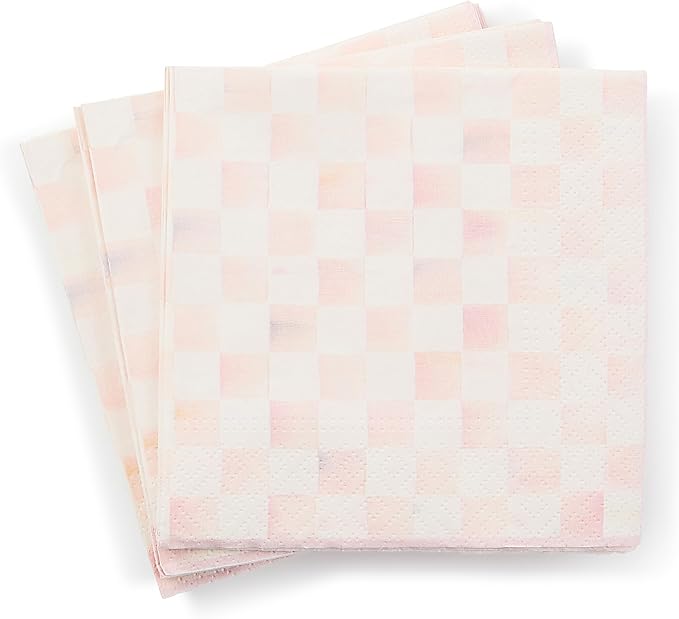 MACKENZIE-CHILDS Cocktail Paper Napkins, Stylish Paper Cocktail Napkins for Parties and More, Pink-and-White Rosy Check