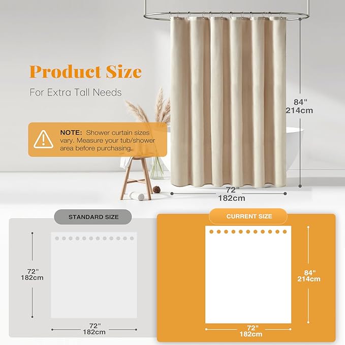 BTTN Extra Long Fabric Shower Curtain, 84 Inch Linen Textured Heavy Duty Cloth Shower Curtain Set with 12 Plastic Hooks, Large Hotel Luxury Polyester Shower Curtains for Bathroom(72"x84", Beige/Cream)