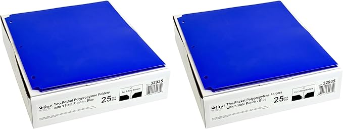 C-Line Two-Pocket Heavyweight Poly Portfolio Folder, 3-Hole Punch, 11 X 8.5, Blue, 25/Box (Pack of 2)