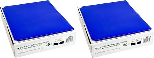 C-Line Two-Pocket Heavyweight Poly Portfolio Folder, 3-Hole Punch, 11 X 8.5, Blue, 25/Box (Pack of 2)