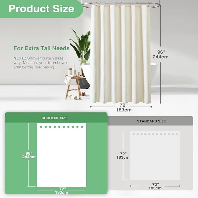 Dynamene Extra Long Shower Curtain,96 Inch Long Waffle Weave Weighted Thick Cloth Bathroom Shower Curtain, Neutral Heavy Duty Hotel Bath Curtain Set with 12 Plastic Hooks,72x96,Cream/Ivory