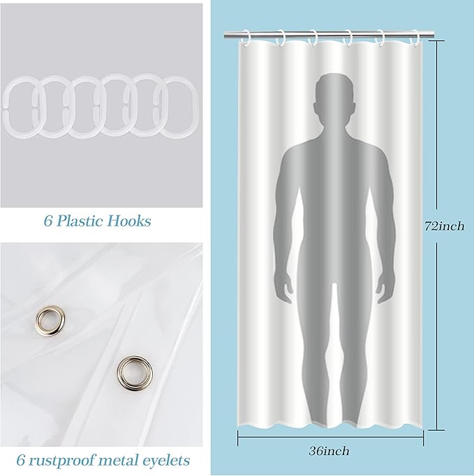 EurCross Shower Stall Curtain Liner with 3 Magnet Weights,Clear 9G PEVA Half Shower Curtain Liner 36x72 for Showerroom