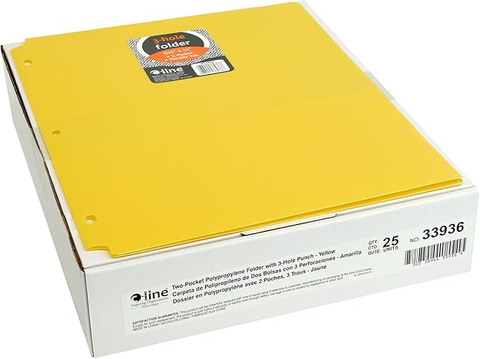 C-Line Two-Pocket Heavyweight Poly Portfolio Folder, 3-Hole Punch, 11 x 8.5, Yellow, 25/Box