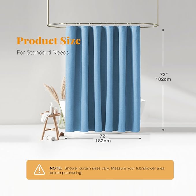 BTTN Blue Fabric Shower Curtain, Linen Textured Heavy Duty Waterproof Cloth Shower Curtain Set with 12 Plastic Hooks, Simple Hotel Luxury Decorative Shower Curtain for Bathroom, 72x72, Moonlight Blue