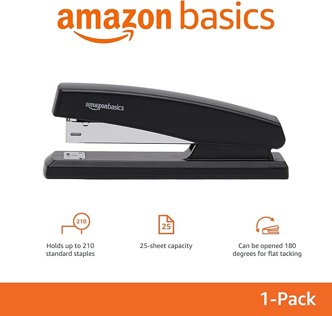 Amazon Basics Office Stapler with 1000 Staples, 25 Sheet Capacity, Non-Slip, Black, Home Office