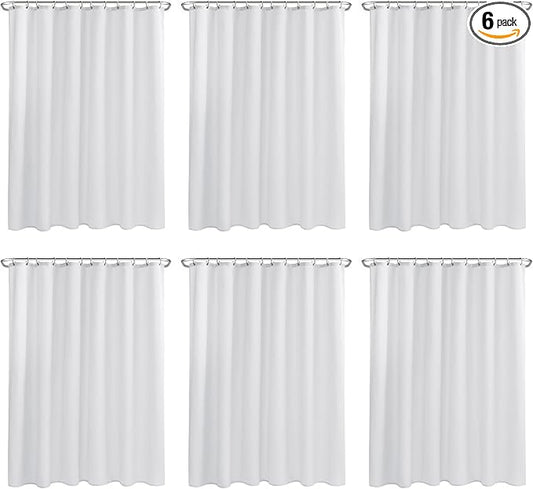 Nasitos Hotel Fabric Shower Curtain Liners 6 Pack - W70 x H72 - Water Resistant Lightweight Cloth Shower Liner for Bathroom, Machine Washable, Standard Size (White, Magnets Included)