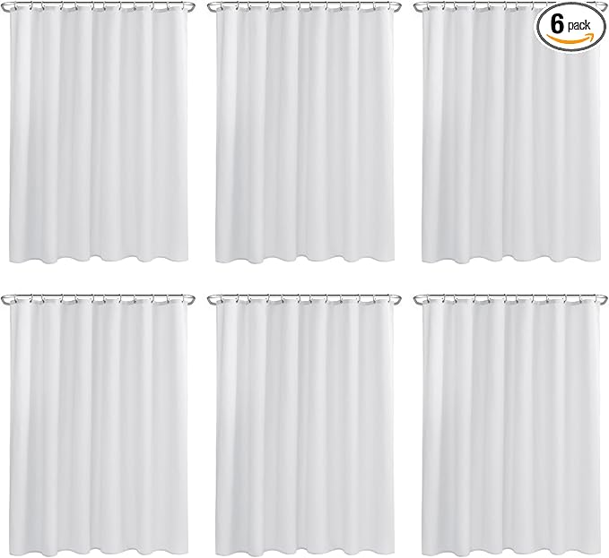 Nasitos Hotel Fabric Shower Curtain Liners 6 Pack - W72 x H72 - Water Resistant Lightweight Cloth Shower Liner for Bathroom, Machine Washable, Standard Size (White, Magnets Included)